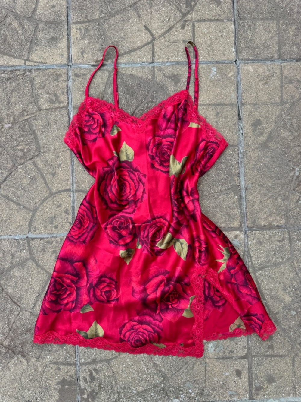 Victoria's Secret Red Rose Satin Chemise with Lace Trim